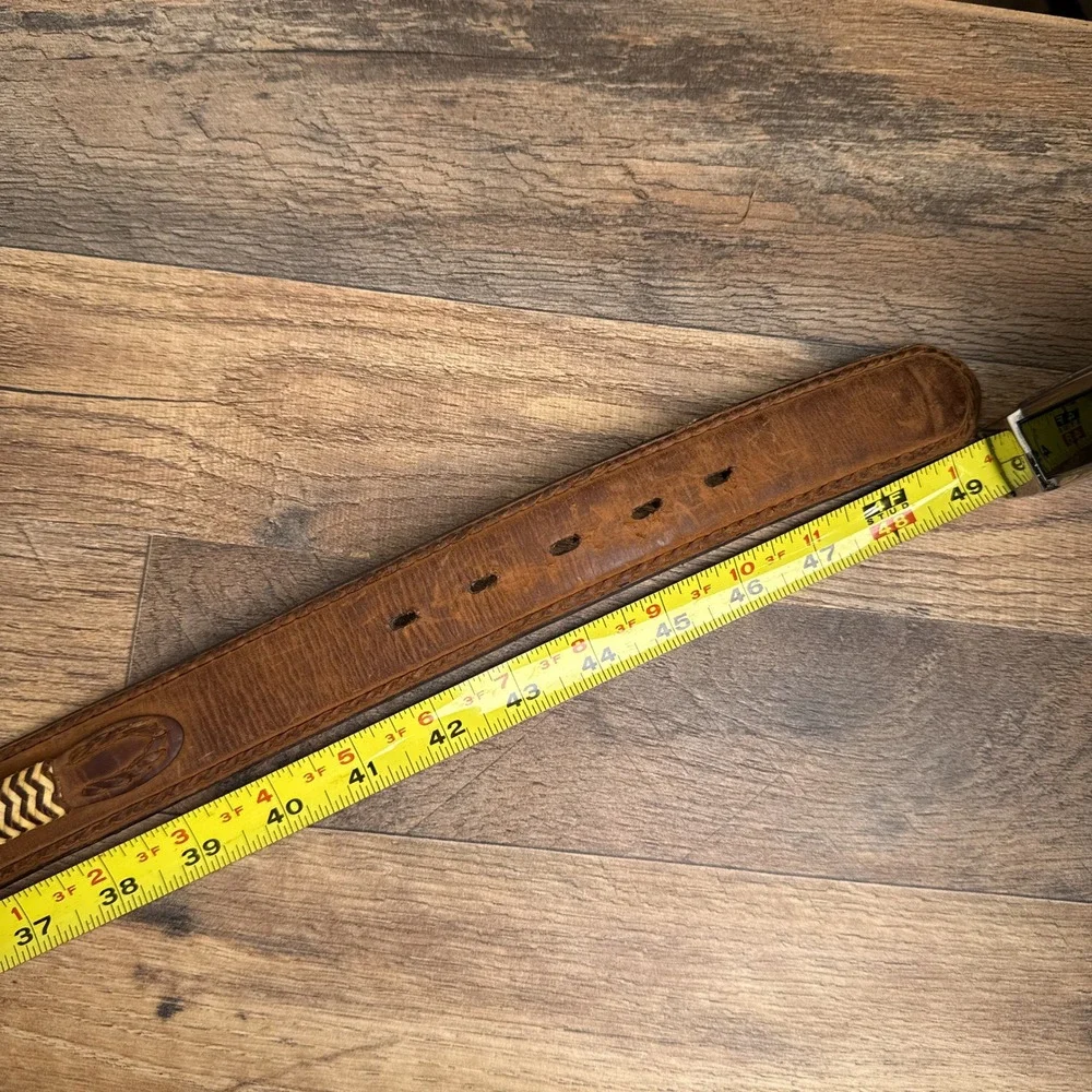 Vintage‎ Western Leather Belt Eagle American Flag Buckle Brown Mens Size 42